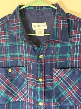 John Blair Lined Flannel Shirt Jacket Blue Plaid Mens Large Button Front